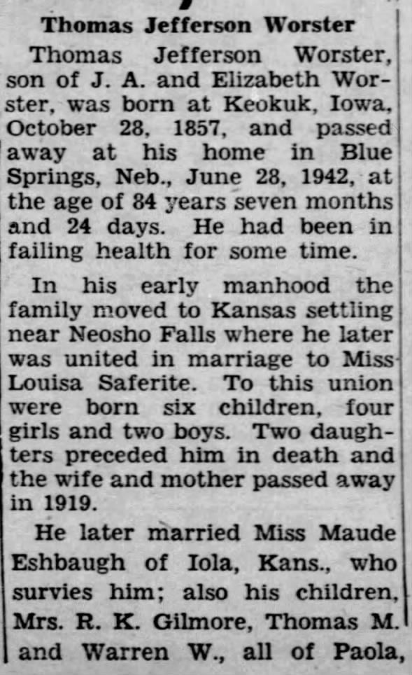 Obituary for Thomas Jefferson Worster, 1857-1942 (Aged 84)